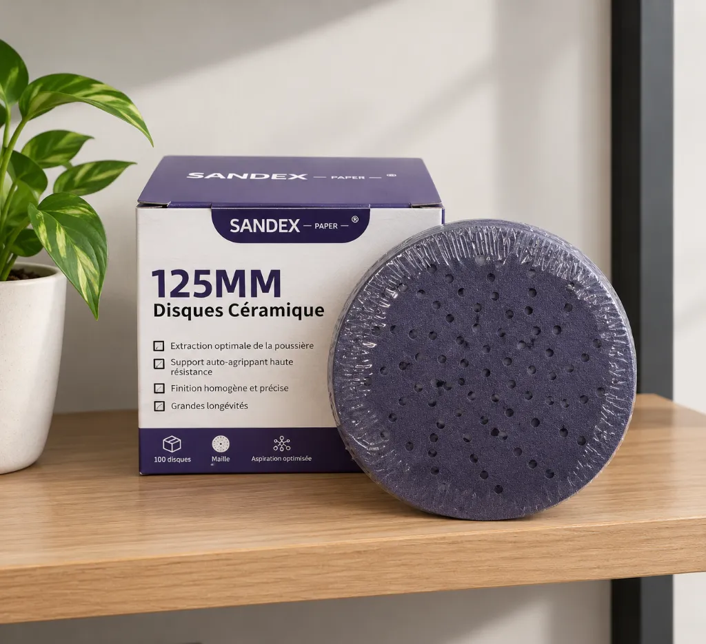 Disques abrasifs SANDEX sur étagère en bois.webp