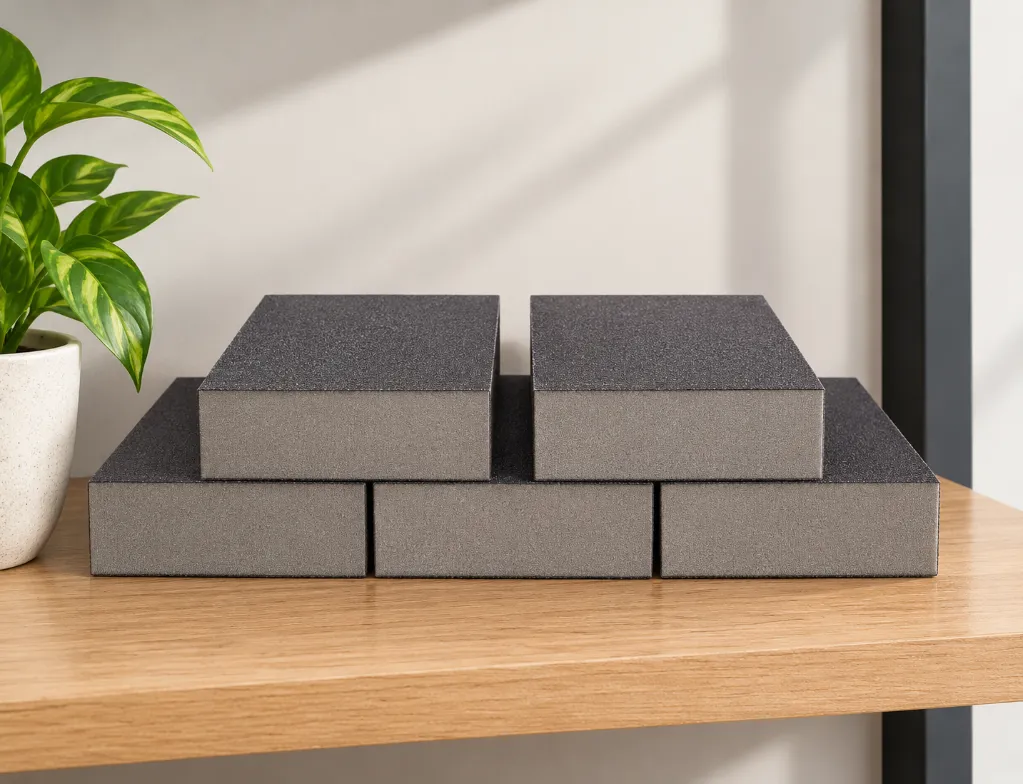 Pyramide de blocs abrasifs sur bois.webp