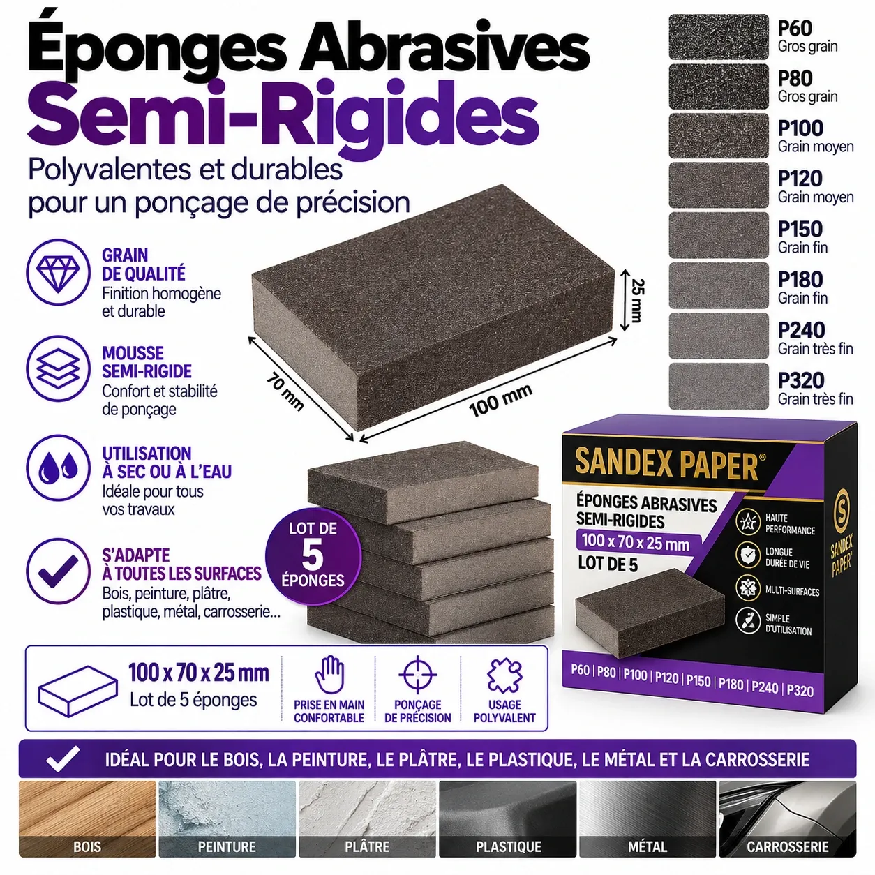 Eponges Abrasives semi-rigides - 100 x 70 x 25mm (Lot de 5)