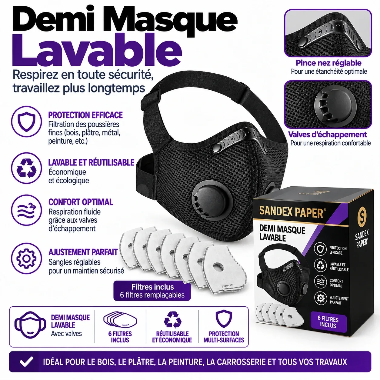 Demi-Masque de protection lavable + 6 Filtres + 3 ponts du nez