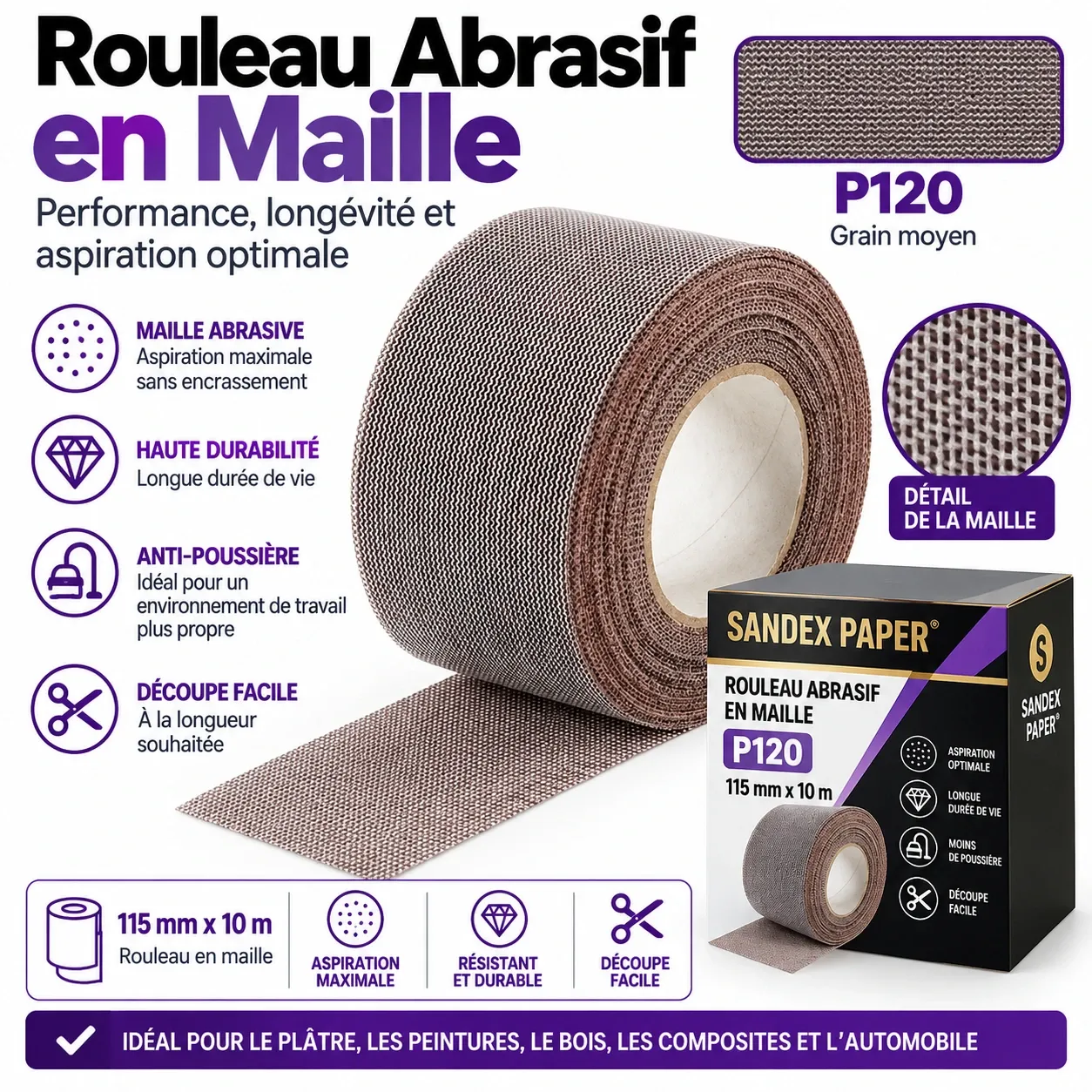 [SDX-ROLL-75-10-P120] Rouleau de ponçage - Filet AbraMesh - 75mm x 10M