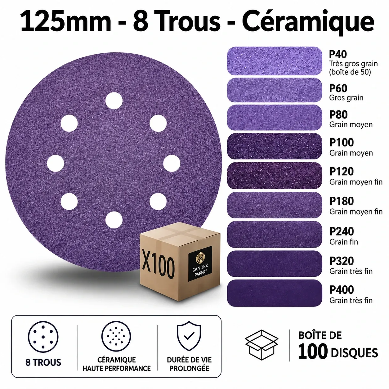 [SDX-125-8T-P40-50] Disques Céramique - 8 trous - 125mm - Boites de 100 (P40 (Boite de 50))