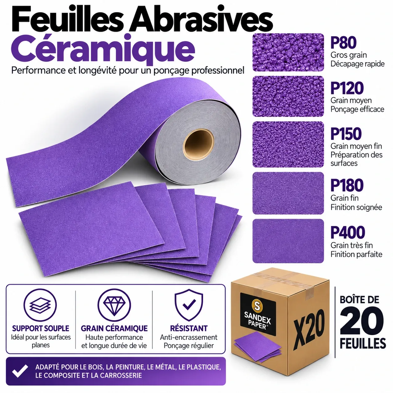 Feuilles Abrasives - 115 x 125mm Paquet de 20 unités