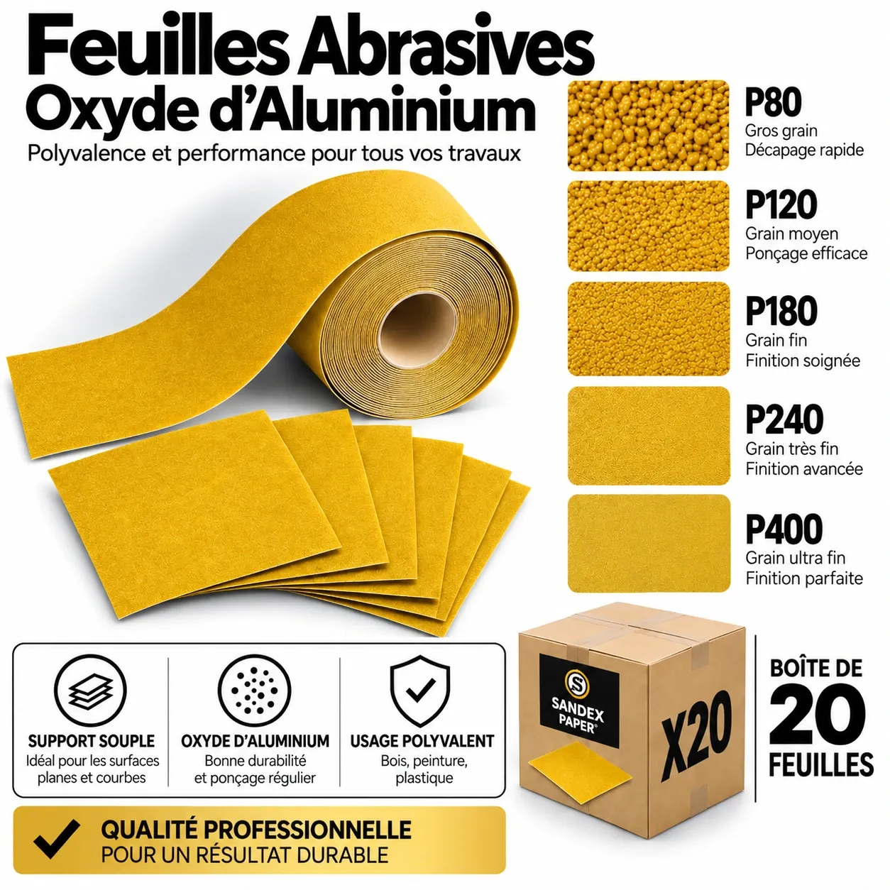 Feuilles Abrasives - 115 x 125mm Paquet 20 unités