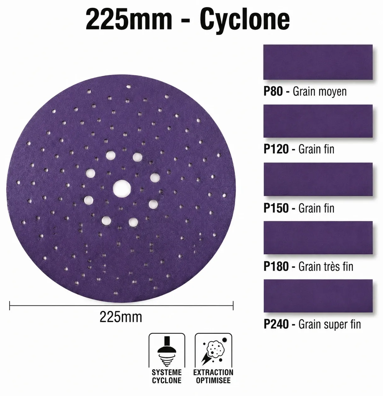 [SDX-225-CYC-P80-50]] Disques Céramique - Trous Cyclone 225mm (P80, Boite de 50)