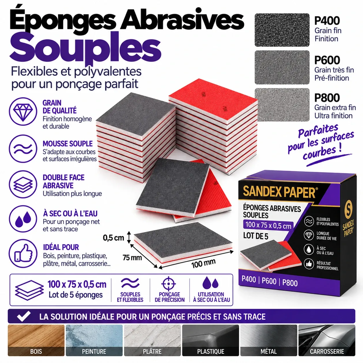 Eponges Abrasives souples 100 x 75mm x 0.5cm (Lot de 5)