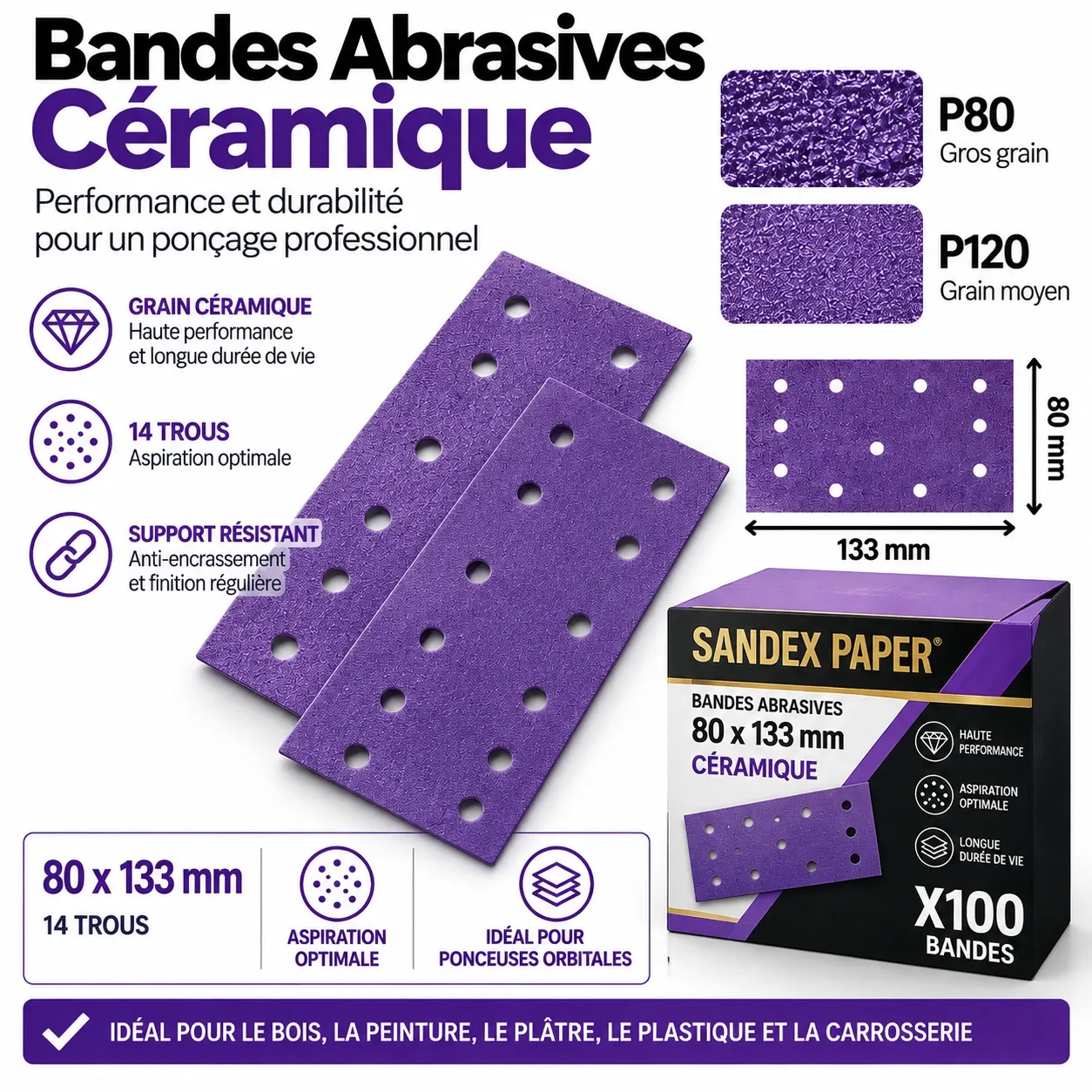 [SDX-80133-CER-P80-100] Bandes céramique - 80 X 133mm - 14 Trous - Boite de 100 (P80)